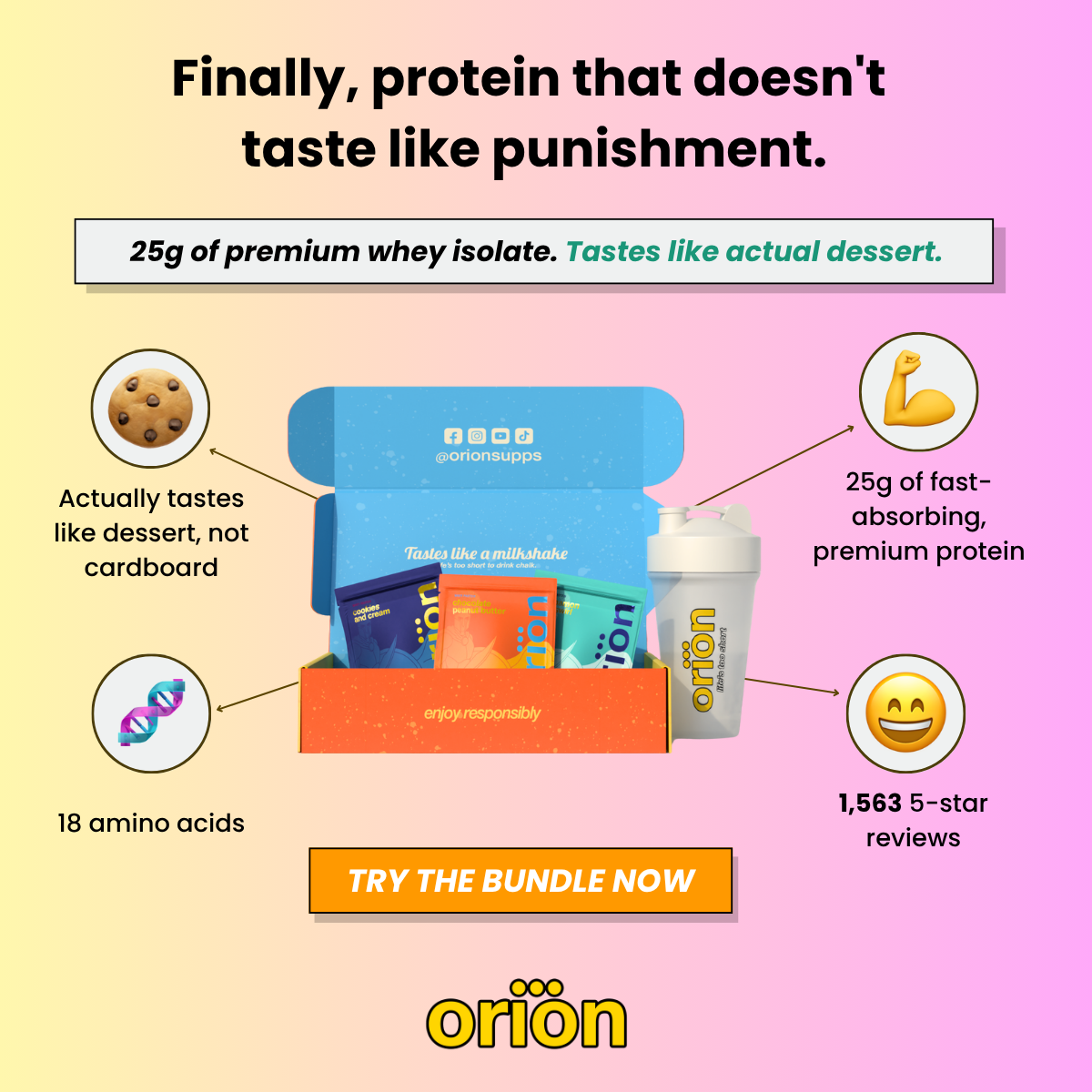Orion Protein Starter Bundle — 9 Full-Flavor Packs + Free Shaker Bottle